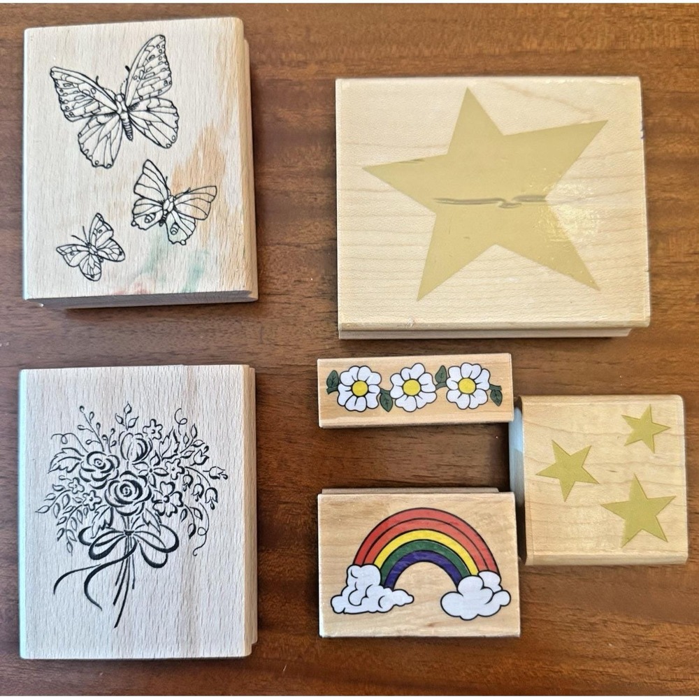 Lot‎ of 6 Wooden Rubber Stamps – Butterflies, Flowers, Stars, Rainbow, Daisies –